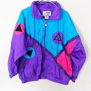 Vintage 80s Colorblock Nylon Track Jacket Large Purple Blue Pink Windbreaker